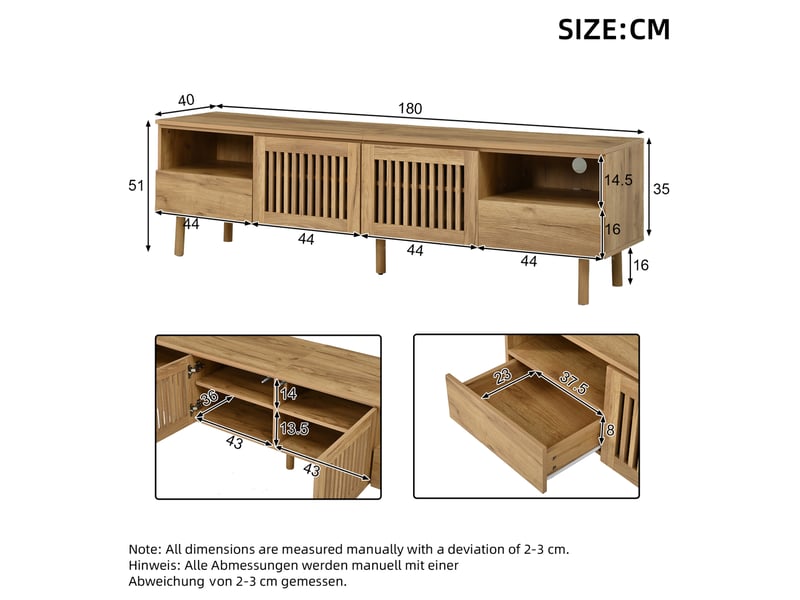  Meuble tv 180x40x51 cm en mdf coloris bois naturel avec 2 portes et 2 tiroirs  - Conforama C