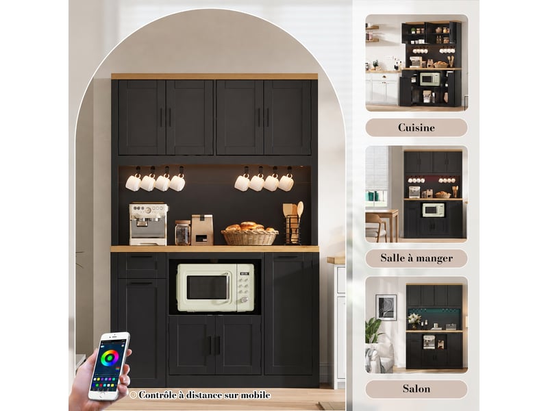  Meuble de cuisine muvano, armoire de cuisine haute avec éclairage led rgb, noir et décor bois, 120 × 40 × 182 cm  - Conforama C