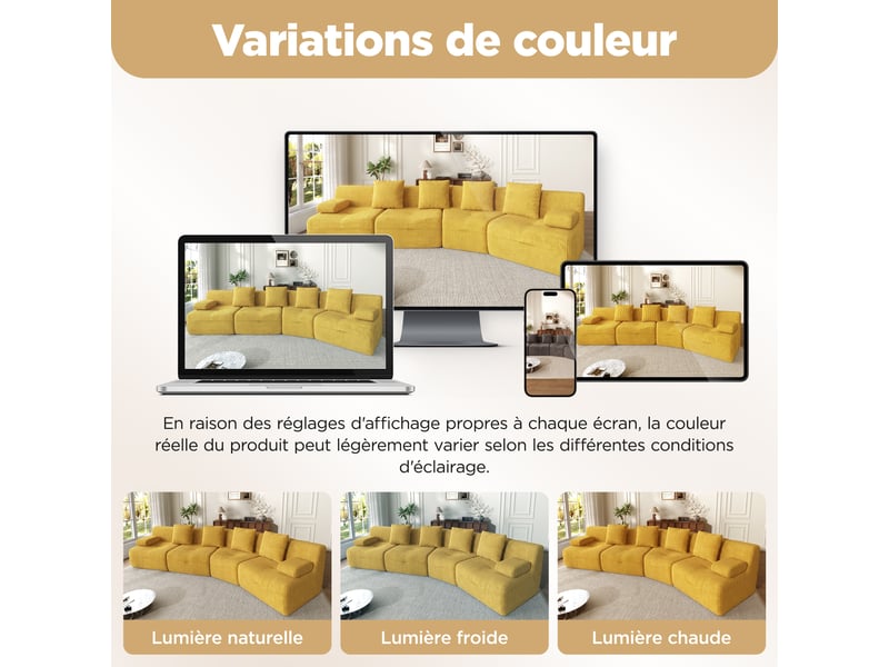 Canapé modulable 4 places, superbe canapé en velours côtelé jaune pour salon, design moderne, dimensions 311x90x65 cm, charge maximale 400 kg.  - Conforama D