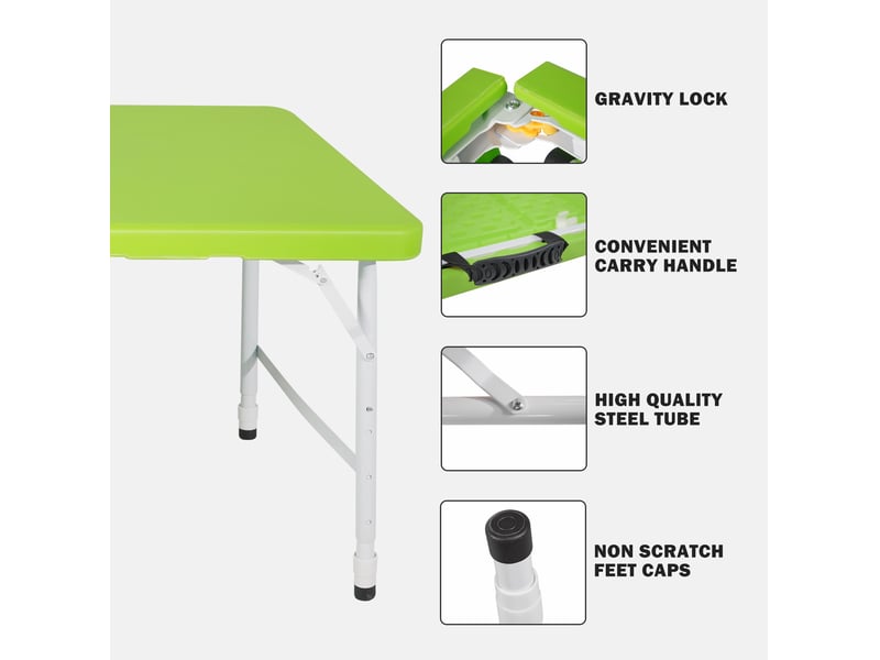  Table pliable portable 125x61 cm – verte – hauteur réglable 58 à 74 cm, poignée de transport et pliage compact  - Conforama E