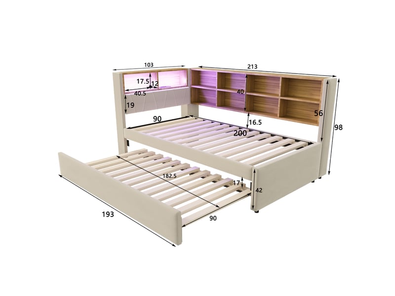  Lit banquette rembourré 90x200 cm avec lit gigogne 90x190 cm, rangements, led, usb, usb-c et prise électrique, sommier à lattes, flanelle beige Radiant Stride - Conforama C