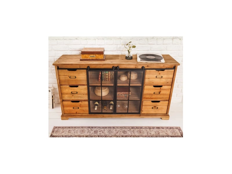  Buffet lumber 148 cm en bois de pin – 2 portes coulissantes vitrées et 6 tiroirs  - Conforama D