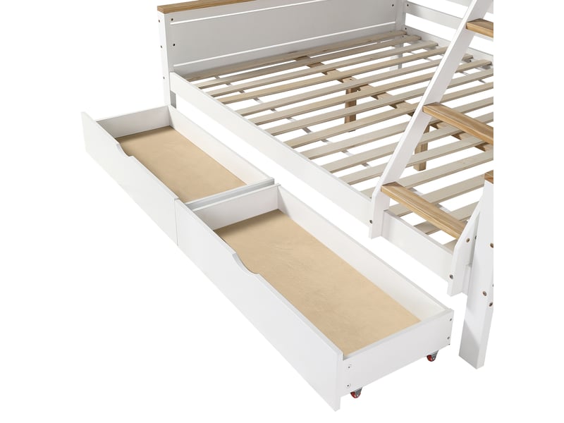 Lit superposé enfant 200×90 cm et 200×140 cm avec étagères et 2 tiroirs, sans matelas, blanc et bois naturel - Conforama E