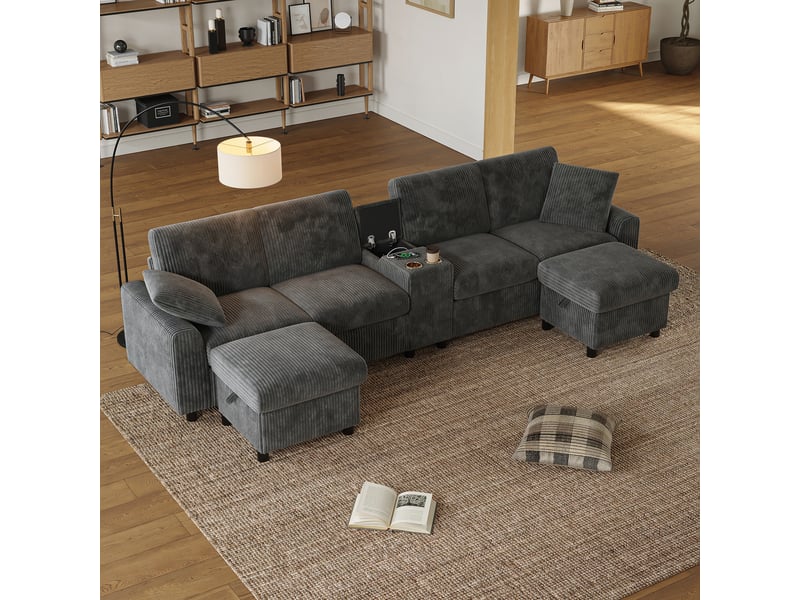  Canapé d'angle en u canapé modulable 4 places en velours côtelé avec 2 poufs de rangements 2 porte-gobelets ports usb, gris  - Conforama D