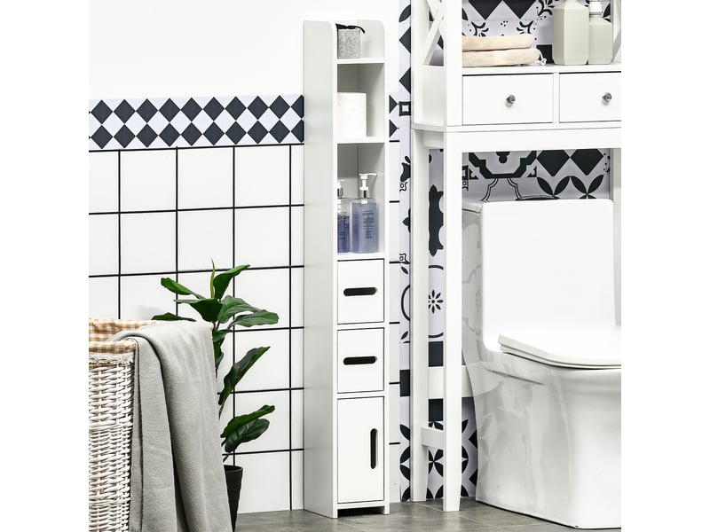  Meuble de salle de bain avec étagères et placards, armoire haute en bois gain de place 15 x 17 x 120 cm, blanc  - Conforama D
