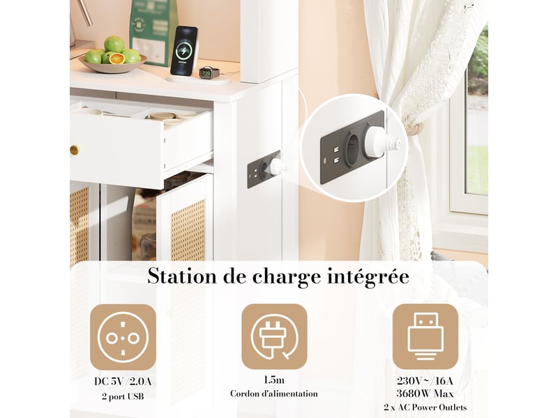  Meuble de cuisine muvano, buffet haut 100 × 40 × 180 cm, blanc, portes en rotin et led  - Conforama E