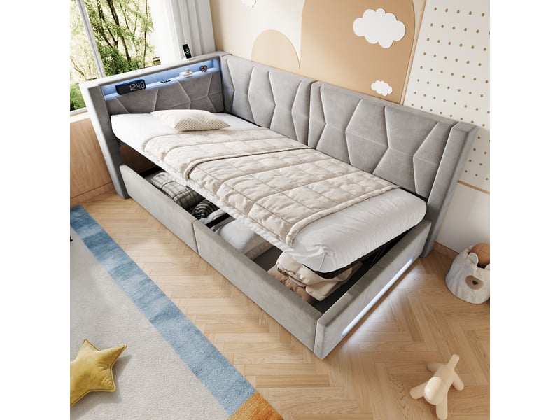  Lit coffre 90x200 cm, lit enfant, sommier à lattes, rangement hydraulique, led, usb et usb-c, velours gris foncé  - Conforama A