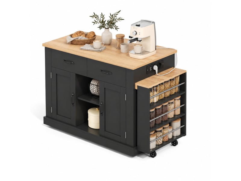  Desserte de cuisine avec 2 portes, 2 tiroirs, table extensible et prises pour cuisine en mdf, 132×70×90 cm, noir  - Conforama A