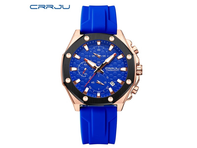 Montre chronographe élégante à six aiguilles (bleue et or), bracelet moderne en silicone pour homme, montre avec calendrier.