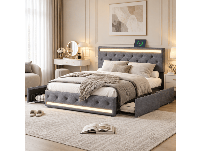  Lit rembourré 140 x 190 cm avec rangement, lit double avec éclairage led et port usb, lit pour adolescent avec 4 tiroirs, sommier avec tête de lit rembourrée et lattes, lin, gris 240713YTT0201#ADj63HWC1CDELLM - Conforama B
