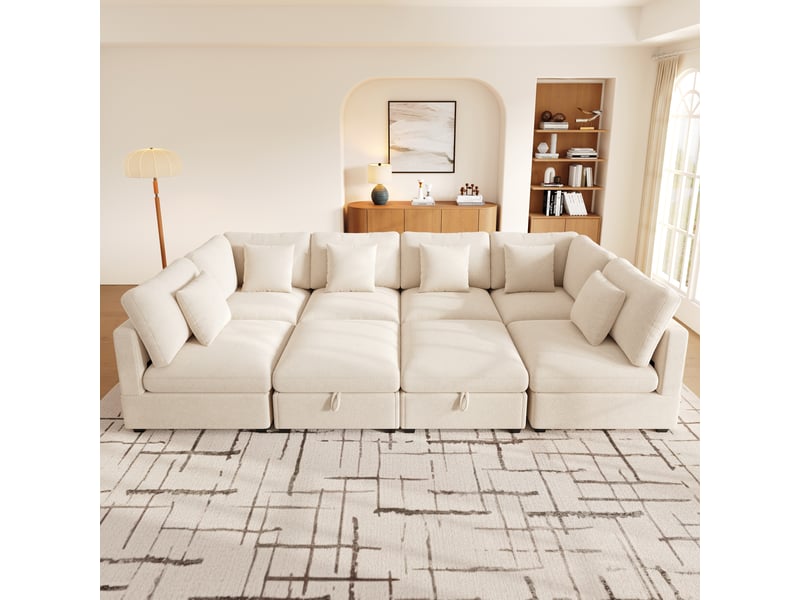 Canapé d’angle modulable avec rangement xl 8 places 292 x 220 x 81 cm grand canapé en l avec méridienne et pouf chenille beige - Conforama C