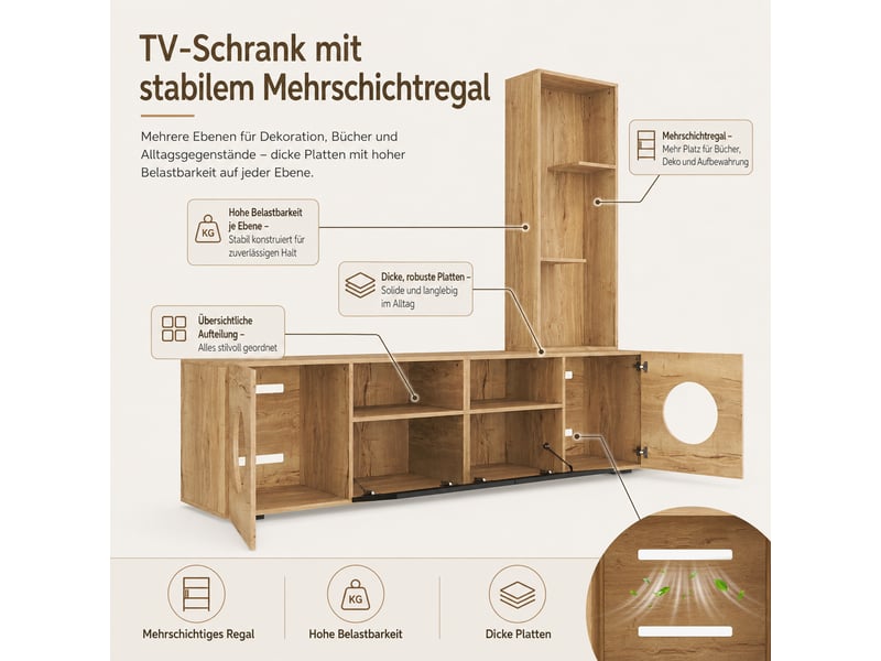 Meuble tv avec étagère haute, niches ouvertes, portes et espace  en bois massif, pour salon, 185×40×162 cm  - Conforama E