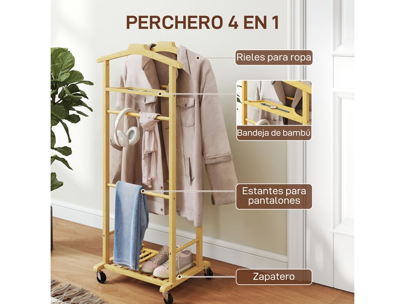  Valet de chambre en bambou avec roulettes, cintres, barres à pantalons, plateau et étagère à chaussures, 47 x 33,7 x 105,5 cm, naturel  - Conforama E