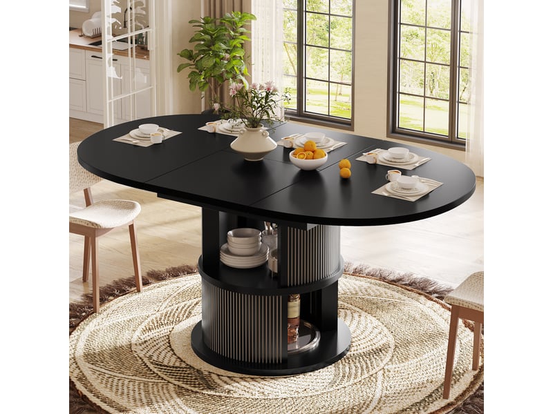 Table à manger ovale extensible 118158 x 80 x 77 cm, 4 à 6 personnes, pied cylindrique, rangement 2 niveaux, relief vertical, mdf, noir Bliss Lite - Conforama B