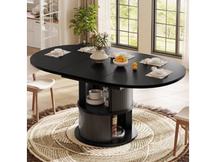Table à manger ovale extensible 118158 x 80 x 77 cm, 4 à 6 personnes, pied cylindrique, rangement 2 niveaux, relief vertical, mdf, noir