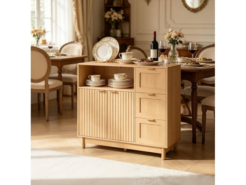  Buffet bas 90 x 35 x 80 cm – bois clair – 2 portes, 3 tiroirs et rangement modulable pour salon et cuisine  - Conforama B