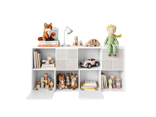 Bibliothèque enfant modulable 125x30x60 cm, meuble de rangement enfant à 8 cases, meuble jouet enfant - 4 portes sculptées - étagère modulaire - organisateur de jouets - vendu à l’unité, blanc