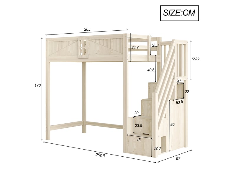  Lit mezzanine enfant 90x200 cm, barrière avec fenêtre, échelle réversible avec rangement latéral, pin, contreplaqué et mdf, effet bois OMNIGLINT TRADING LTD - Conforama C