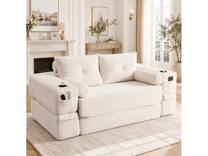 Canapé convertible 2 places pliable avec poches latérales, porte-gobelets et coussins en velours côtelé beige - Conforama B