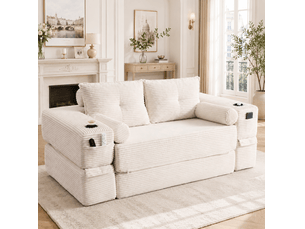Canapé convertible 2 places pliable avec poches latérales, porte-gobelets et coussins en velours côtelé beige