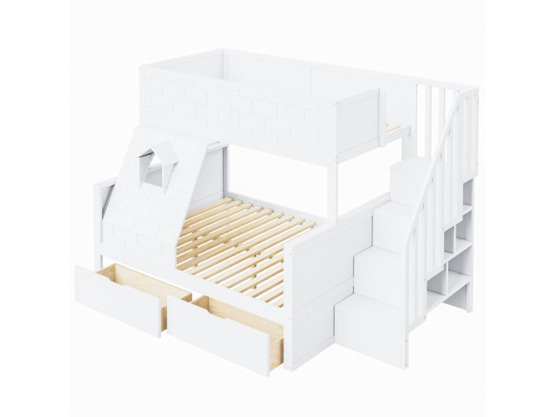  Lit superposé avec rangement | lit enfant 90x200 &amp; 140x200 | échelle de sécurité, tiroirs et fenêtre, stable,blanc  - Conforama A
