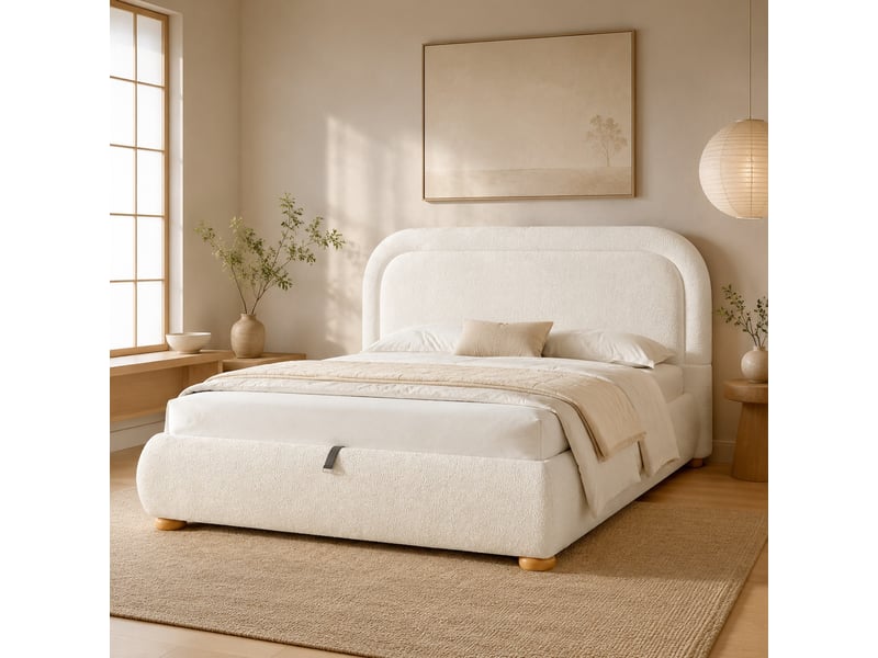  Lit coffre double 160 x 200 cm blanc en bouclette avec sommier à lattes et tête de lit  - Conforama D