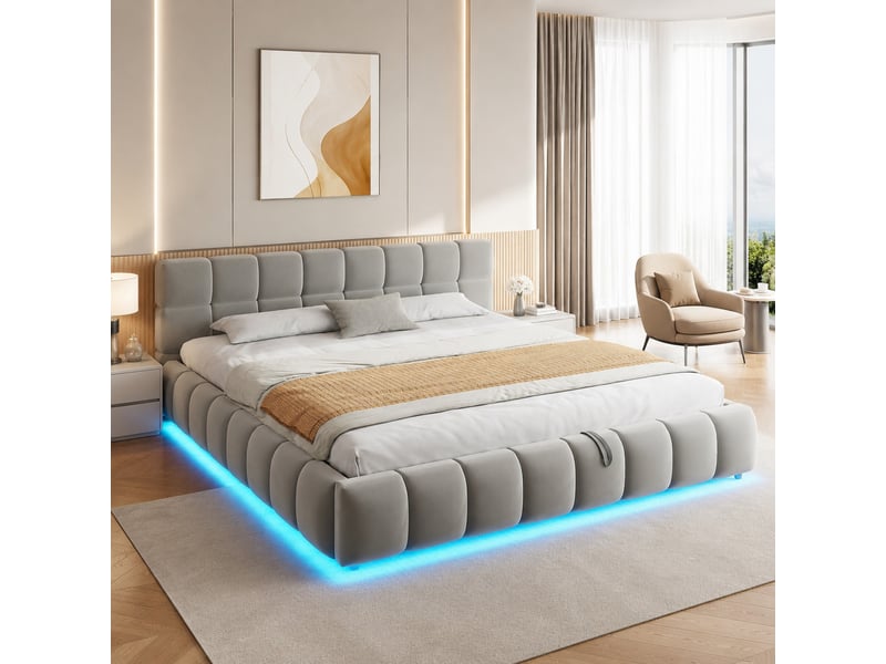  Lit coffre 180 x 200 cm gris en velours avec led et tête de lit  - Conforama C