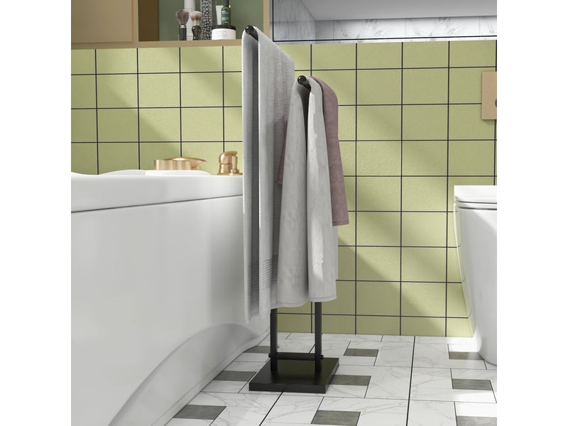  Porte-serviettes sur pied autoportant 2 niveaux en métal pour la salle de bain, noir, dim. 50l x 18,5p x 85h cm  - Conforama W