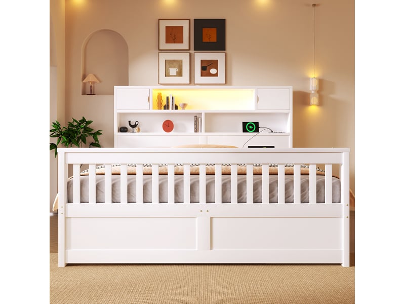 Lit avec rangement 160x200 cm blanc avec led, usb, rangements et 4 tiroirs - Conforama D