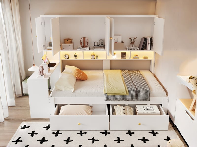 Lit multifonction en bois, 90 x 200 cm, avec bureau intégré et compartiments de rangement, tiroirs et prises électriques, blanc - Conforama B