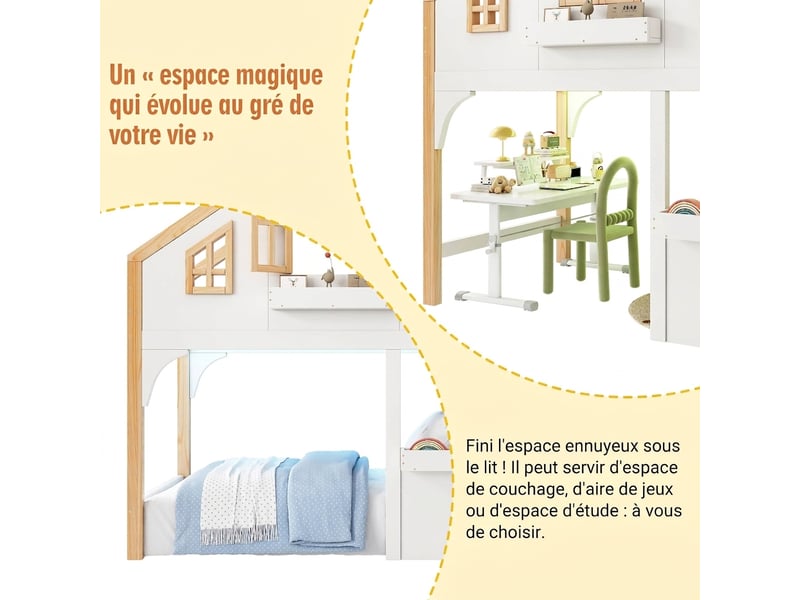 Lit superposé enfant 90x200 en bois avec escalier de rangement et éclairage led - blanc et nature - Conforama D