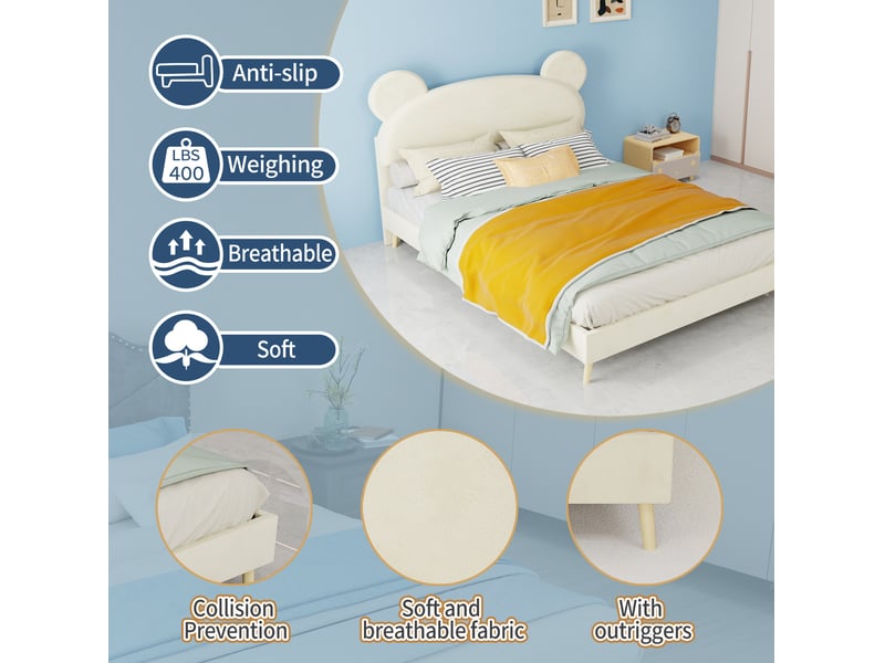  Lit enfant 140x200 cm avec matelas à ressorts ensachés 23 cm, tête de lit oreilles d’ours, tissu et métal beige  - Conforama E