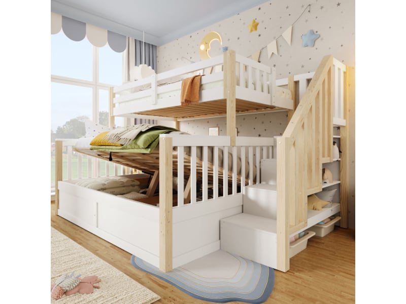  Lit superposé avec rangement 90x200 &amp; 140x200 | mécanisme hydraulique, échelle rangement, blanc et naturel, sans matelas  - Conforama B