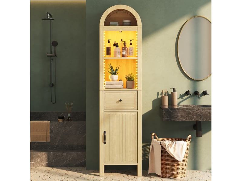  Armoire haute de salle de bain 40 x 30 x 163 cm en mdf bois clair, led rgb, tiroir et porte réversible  - Conforama E