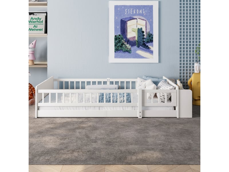  Lit enfant 90x200 cm, lit en bois de pin blanc avec barrière de sécurité, armoires de rangement et étagères, sans matelas  - Conforama E