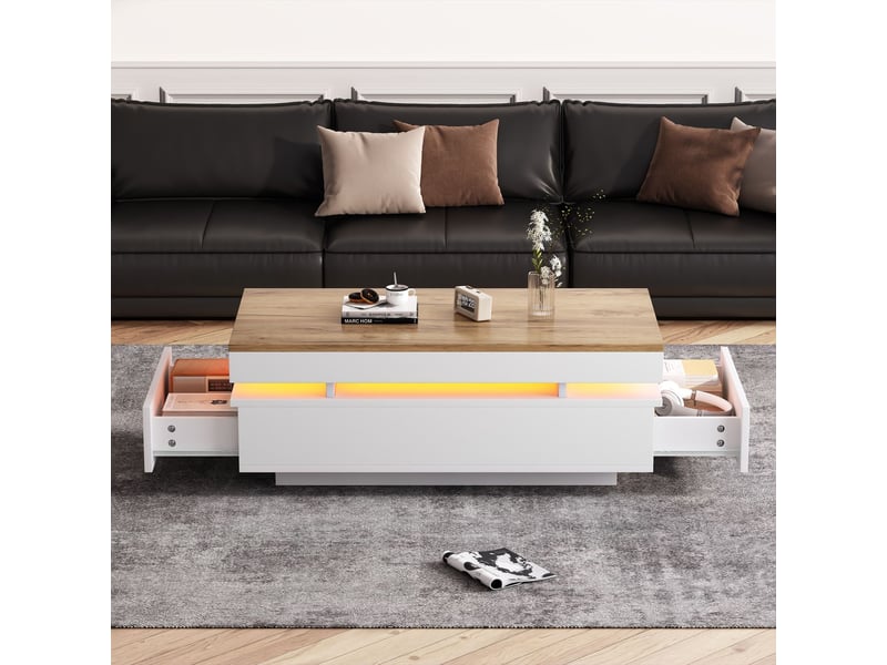  Table basse 100x50x40, design blanc et bois, table basse salon avec 2 tiroirs, led intégrées  - Conforama B