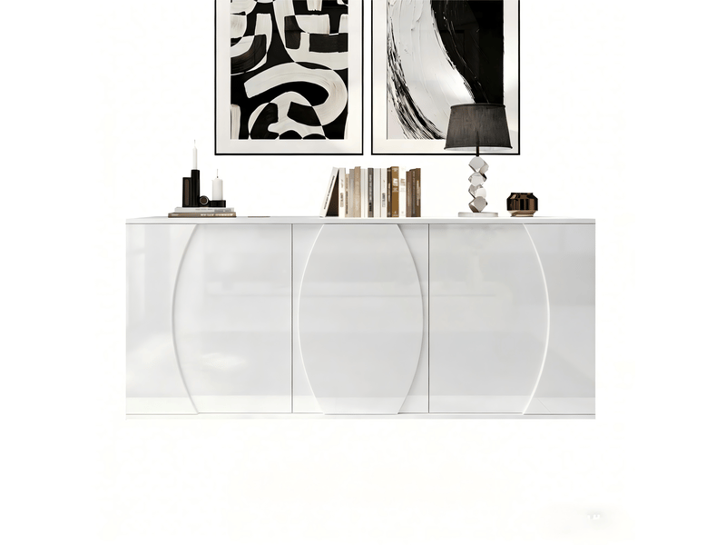  Buffet de salon 150x40x70 cm, armoires de rangement avec portes à led, armoire de salon brillante à trois portes, blanc, aggloméré  - Conforama E