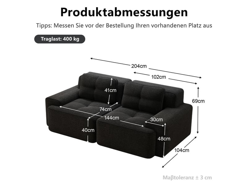  Canapé modulable 2 places, sans structure, assise profonde, convertible, noir velours côtelé – 204x104x69cm, pour salon  - Conforama C