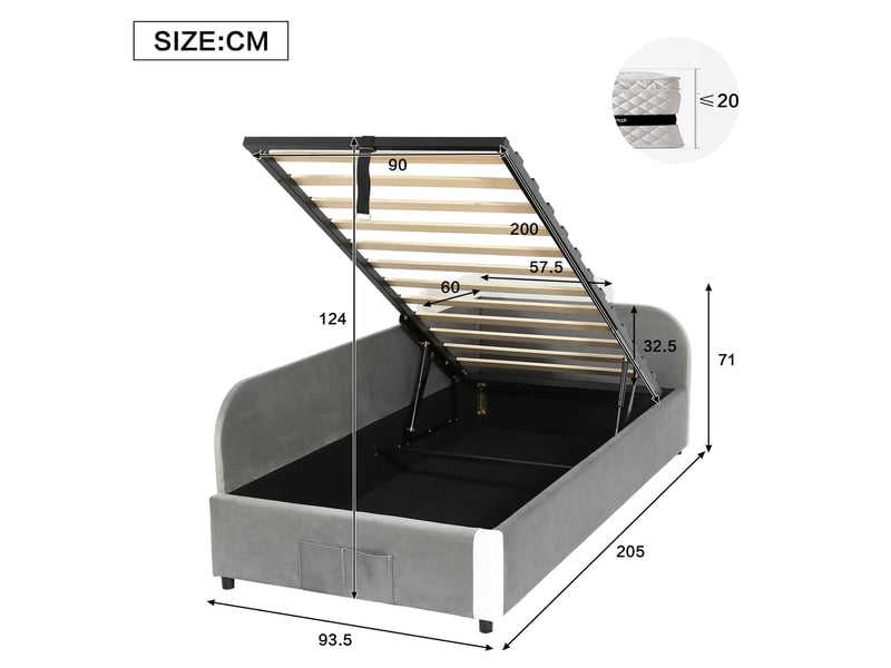  Lit enfant coffre hydraulique gris 90 x 200 cm en velours  - Conforama E