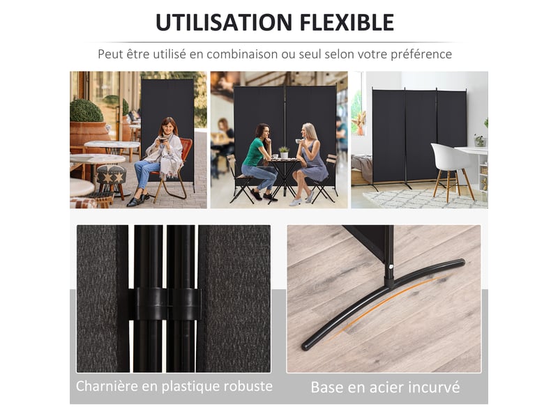  Paravent 3 panneaux dim. 2,53l x 0,5l x 1,82h m store latéral brise-vue paravent sur pied métal séparateur polyester  - Conforama R