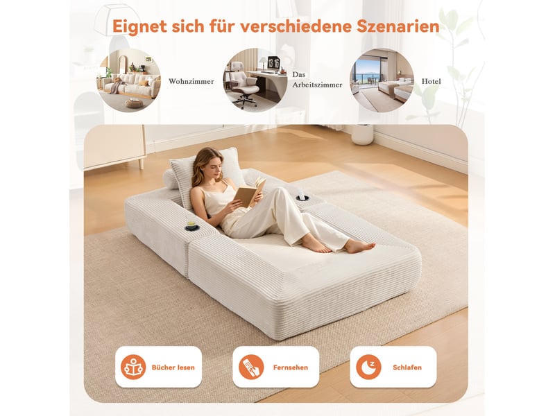  Canapé convertible modulable 1 place en velours côtelé beige, poches latérales et porte-gobelets  - Conforama D