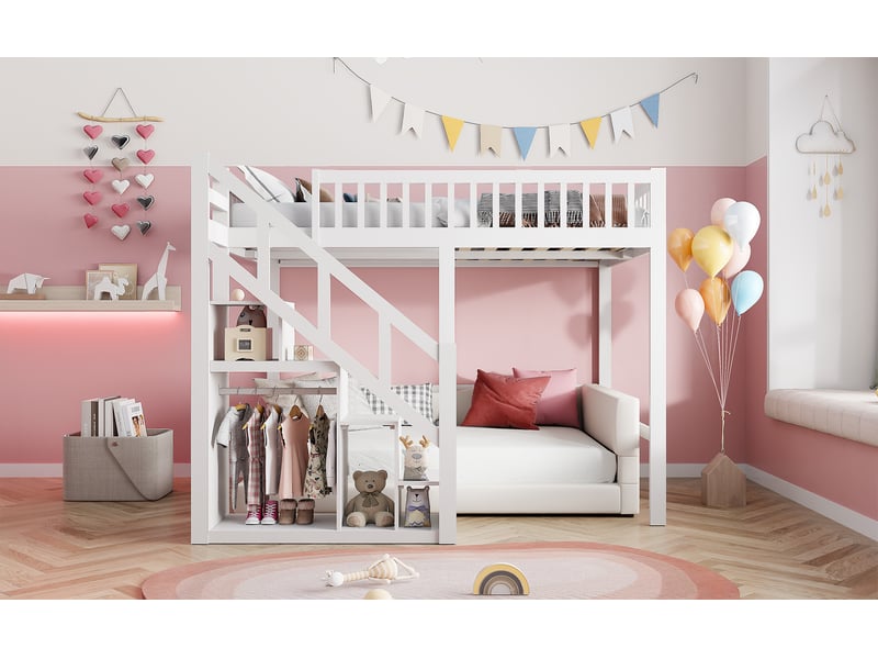  Grand lit mezzanine multifonction pour enfants - 140x200 cm - blanc - avec escalier de rangement, hauts rebords et niches  - Conforama E