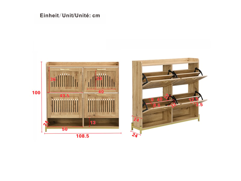  Meuble à chaussures 4 portes 108,5x24x100 cm en mdf coloris bois  - Conforama C