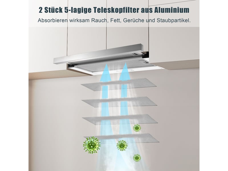 Hotte aspirante 60 cm télescopique sous meuble, évacuation extérieure ou recyclage, 400 m³h, filtres aluminium, éclairage led - Conforama B