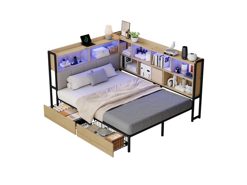 Lit double 140x200 cm avec led et 2 tiroirs, lit enfant avec usb et usb-c et tête de lit rangement, naturel - Conforama A