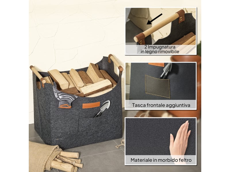 Panier à bûches en feutre pliable 50 l, poignées en bois, charge 15 kg, gris - Conforama R