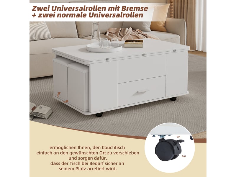  Table basse réglable en hauteur, table d'appoint mobile, table basse multifonctionnelle 4 en 1 transformable en table de salonsalle à manger, table basse avec tiroirs, avec 4 tabourets, blanche 100x50x45cm - Conforama D