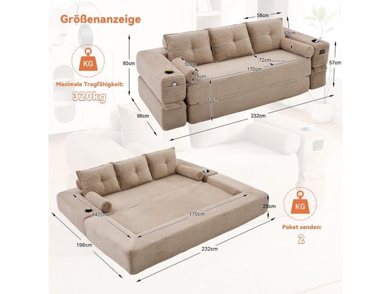 Canapé-lit 3 places modenvie convertible en velours côtelé kaki 232 x 98 x 80 cm - Conforama C
