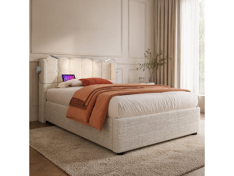  Lit coffre 1 place 90x200 cm avec liseuses usb et sommier en tissu  - Conforama B