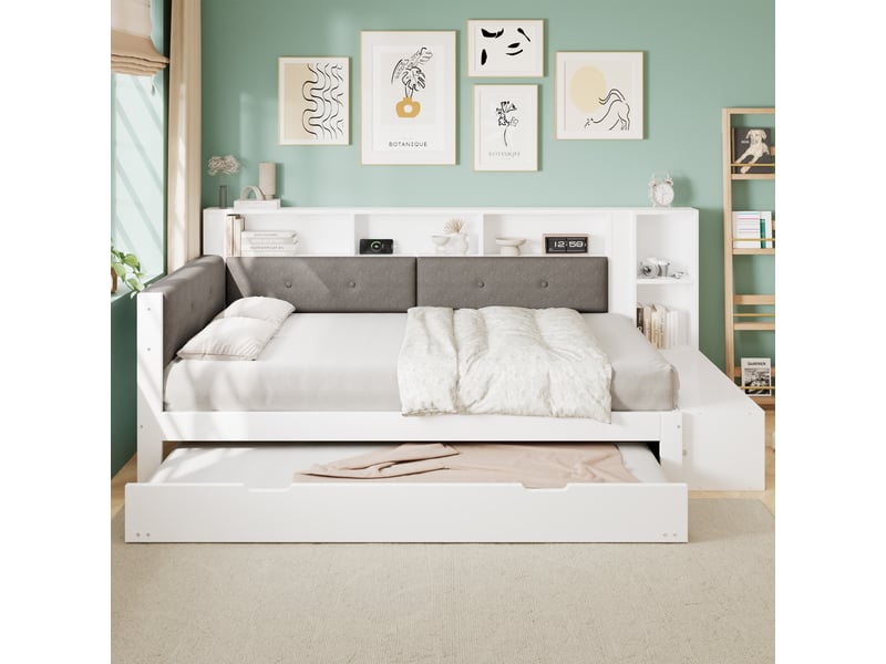  Lit enfant 120x200 cm avec lit gigogne 90x190 cm, rangement intégré, tête de lit rembourrée, étagères latérales, structure en bois - blanc et gris  - Conforama E